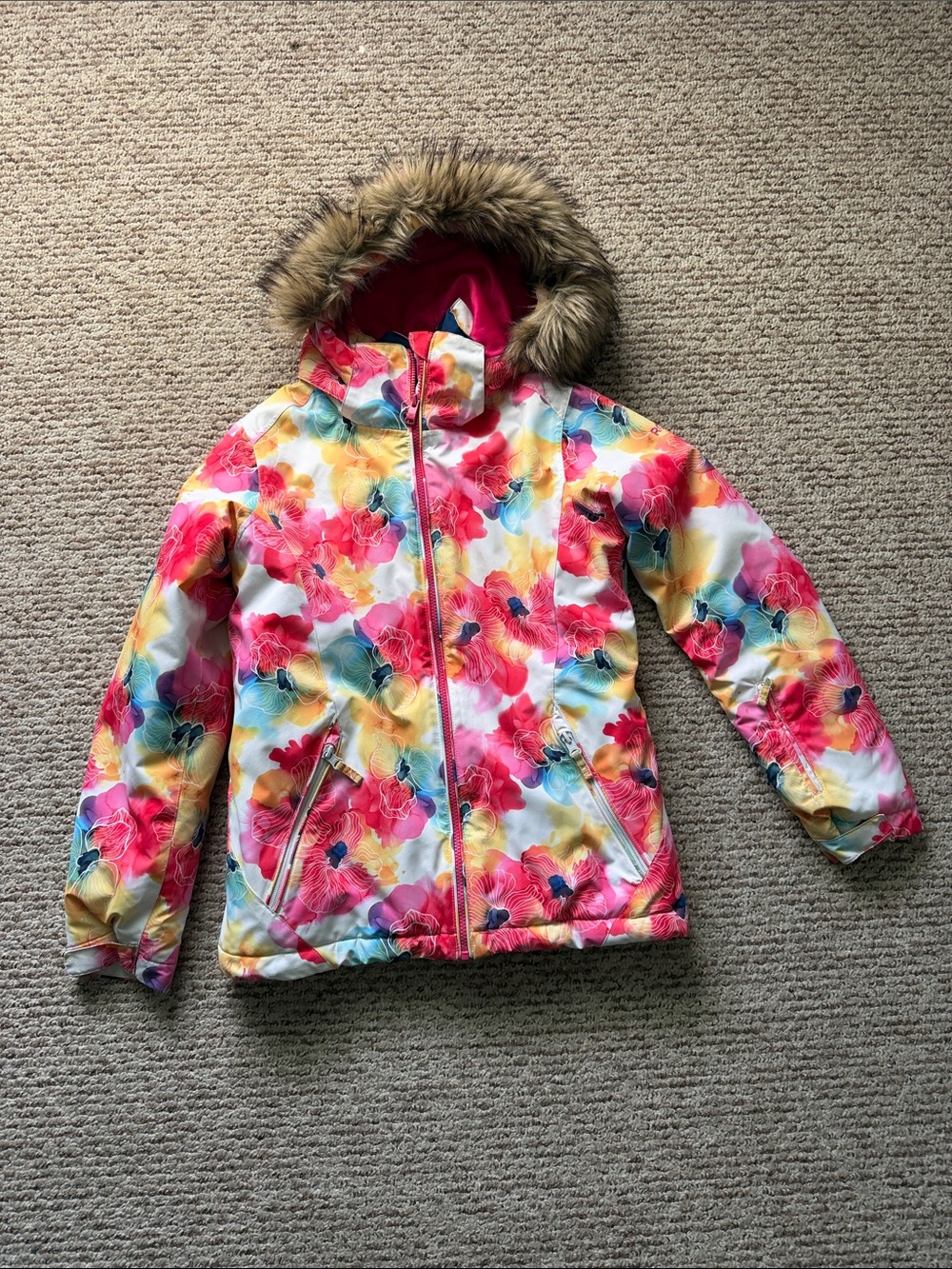 Roxy Girls' Floral Snow Puffer Jacket - Pink, Yellow, Blue